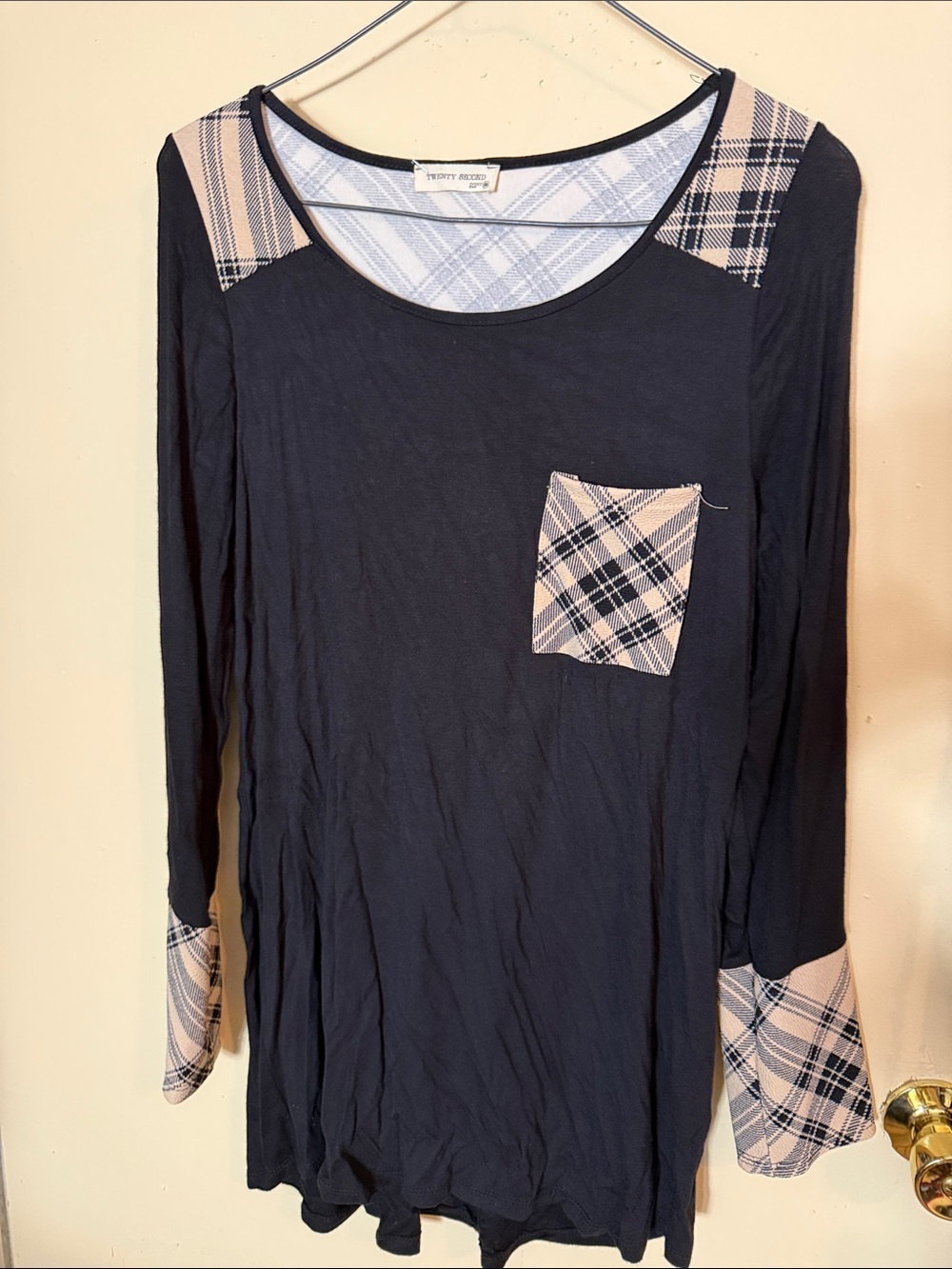 twenty second Black Long Sleeve Scoop Neck Top with Pink Plaid Accents
